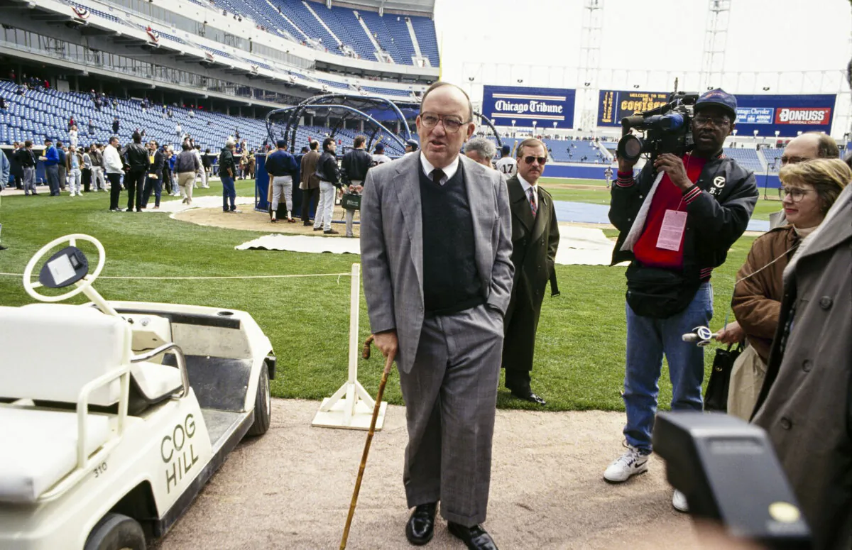 MLB Commissioner Fay Vincent stands on the field before a circa 1990 game between the Detroit Tigers and Chicago White Sox at Comiskey Park in Chicago, Illinois. (Jonathan Daniel/Getty Images)
