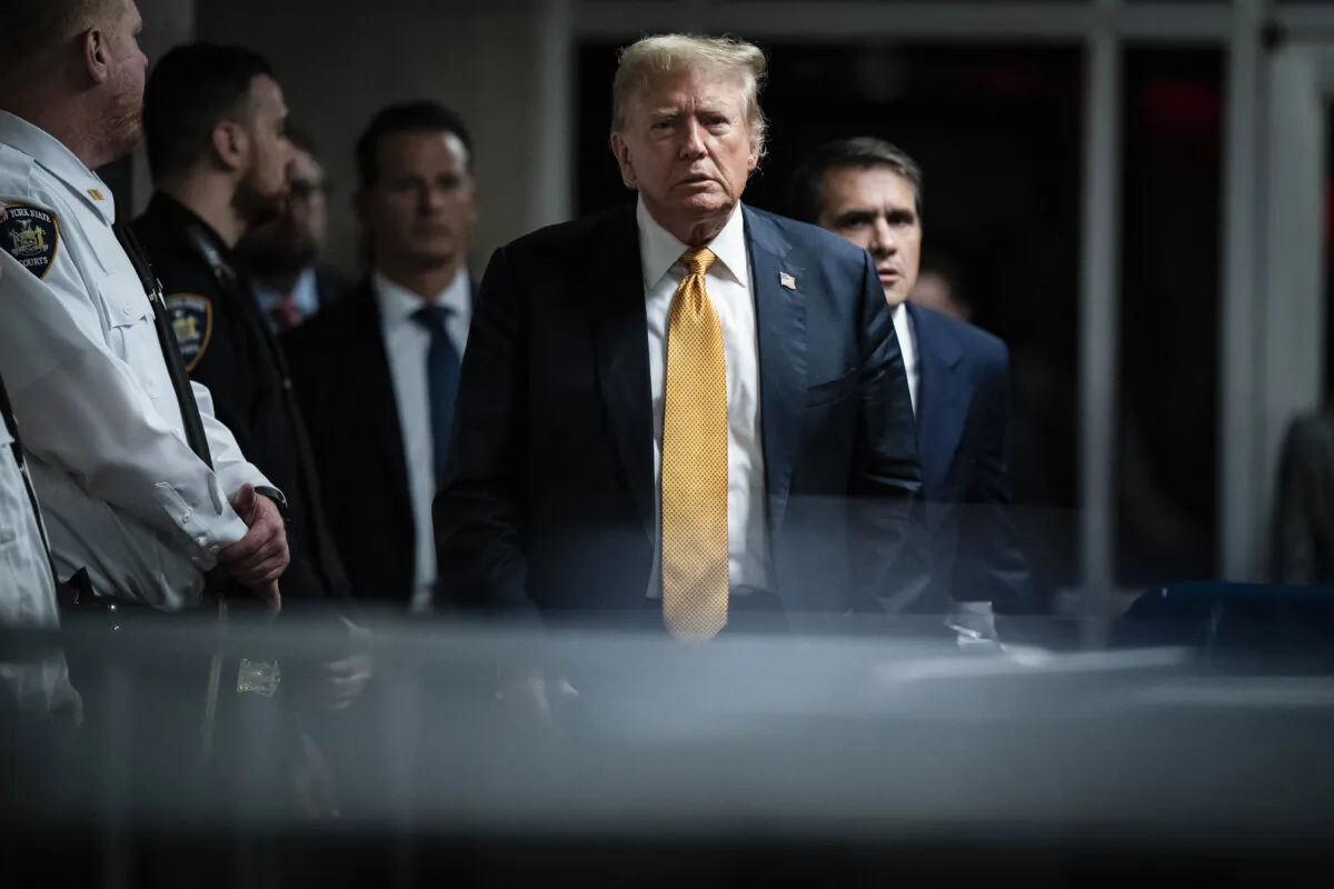 Former President Donald Trump walks with attorney Todd Blanche to come speak to reporters as jurors began deliberations for his hush money trial at Manhattan Criminal Court in New York, on May 29, 2024. (Jabin Botsford-Pool/Getty Images)