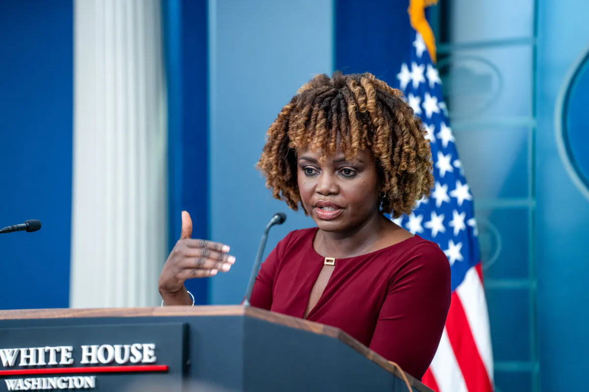 White House Press Secretary Karine Jean-Pierre speaks to the media during a press briefing at the White House in Washington on April 15, 2024. (Madalina Vasiliu/The Epoch Times)