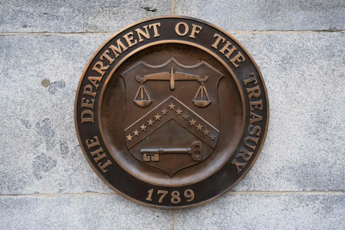 The seal of the U.S. Treasury Department on the U.S. Treasury Department building in Washington on Jan. 19, 2023, (Saul Loeb/AFP via Getty Images)