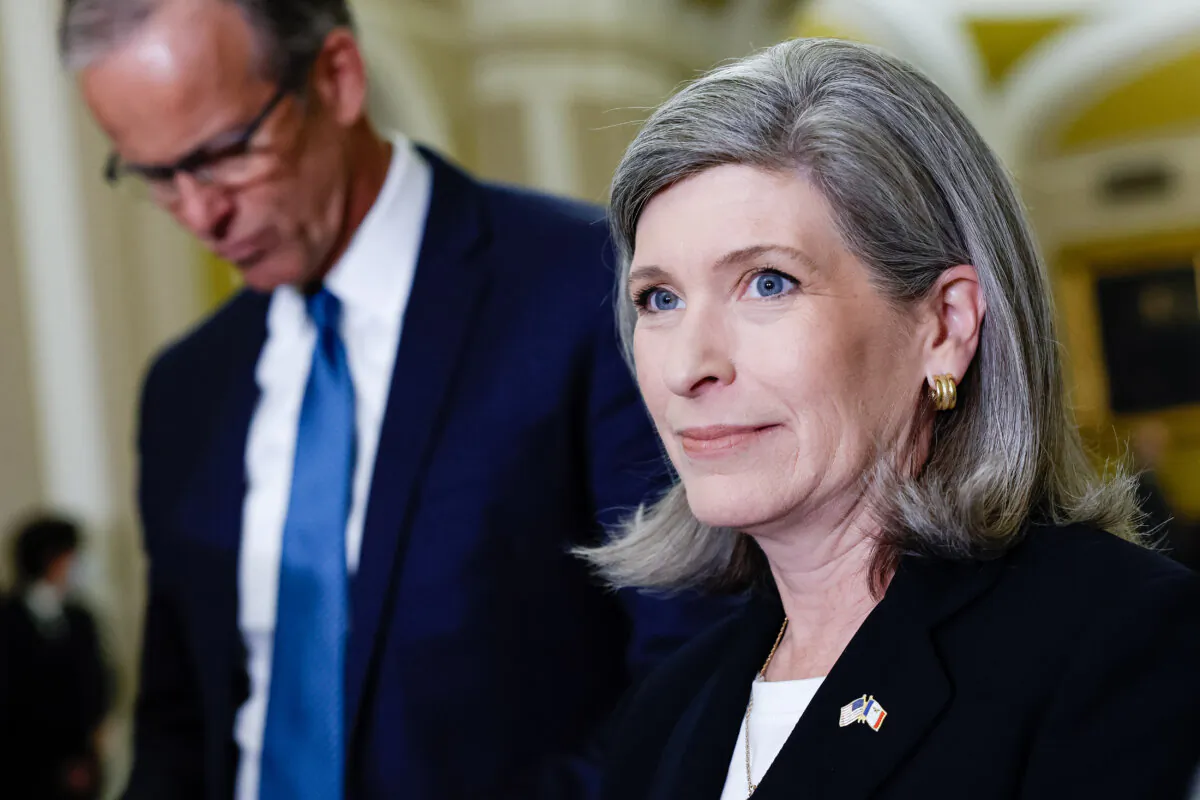 Sen. Joni Ernst (R-Iowa), at a June 2023 Washington press conference with Sen. John Thune (R-S.D.), 
 (Anna Moneymaker/Getty Images)