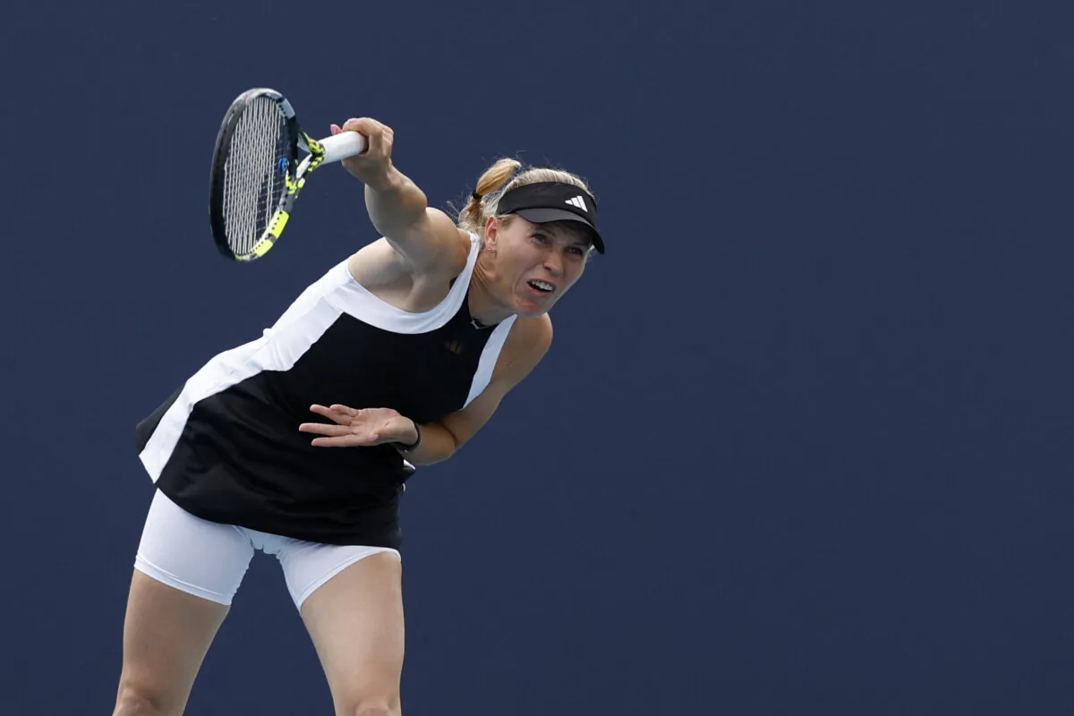Caroline Wozniacki (DEN) serves against Angelina Kalinina (UKR) (not pictured) on day four of the Miami Open at Hard Rock Stadium in Miami Gardens, Fla., on March 21, 2024. (Geoff Burke/USA TODAY Sports via Field Level Media)