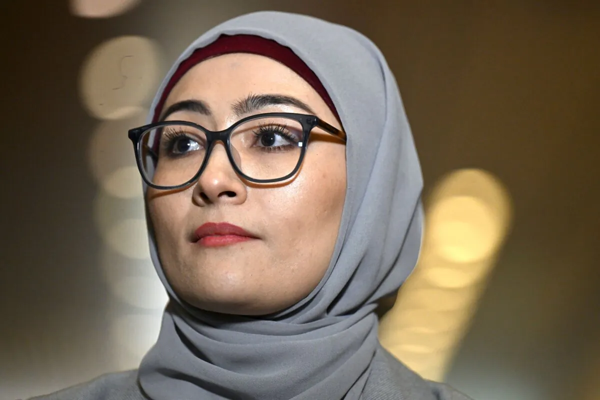 Labor Senator Fatima Payman speaks to the media after crossing the floor on a motion moved by the Australian Greens to recognise the State of Palestine at Parliament House in Canberra, on June 25, 2024. (Lukas Coch/AAP)
