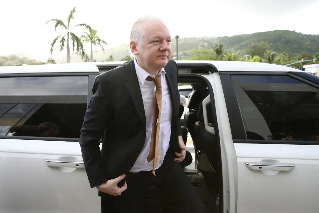 WikiLeaks founder Julian Assange arrives at the United States Courthouse in Saipan, Northern Mariana Islands on June 26, 2024. (Chung Sung-Jun/Getty Images)