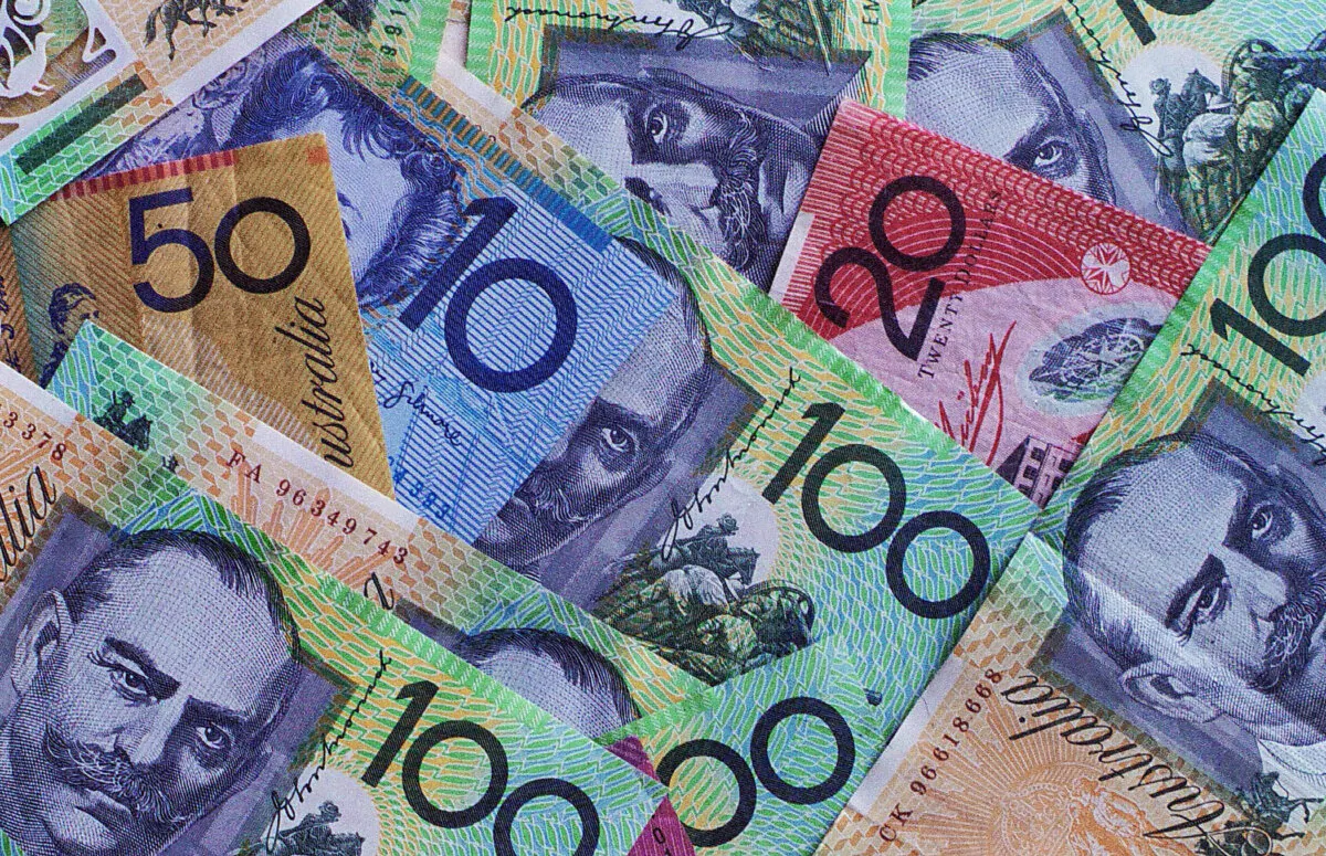 A variety of Australian dollar notes on display in Hong Kong, China, on Feb. 22 2004. (Richard A. Brooks/AFP via Getty Images)