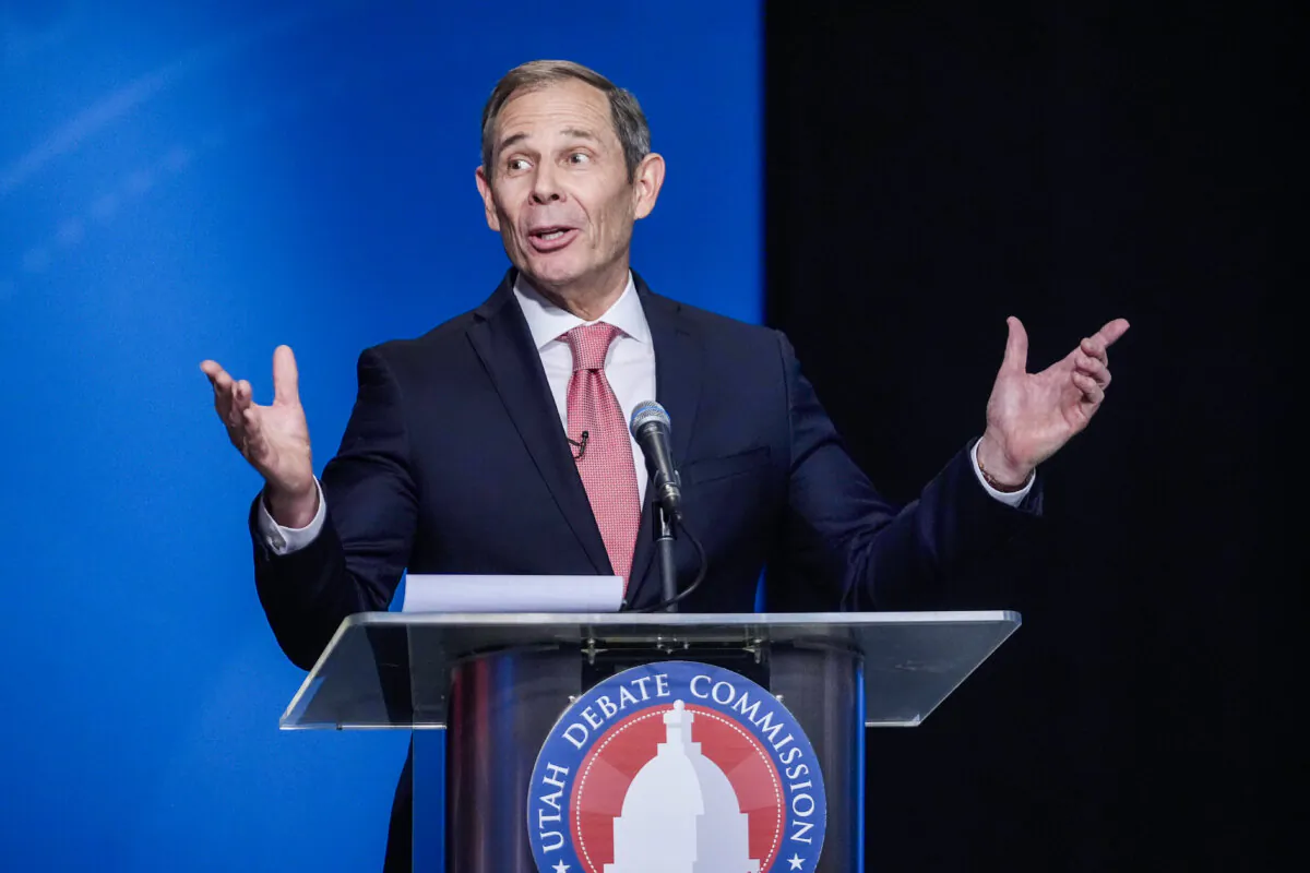 FILE - U.S. Rep. John Curtis speaks during the Utah Senate primary debate for Republican contenders battling to win the seat of retiring U.S. Sen. Mitt Romney on June 10, 2024, in Salt Lake City. Curtis, who is considered the front-runner, has pitched himself as the alternative to Trump-backed Riverton Mayor Trent Staggs and two other contenders, who have spent much of the race arguing over whose policy positions most closely align with Trump's. (AP Photo/Rick Bowmer, Pool, File)