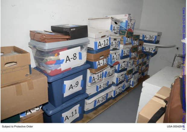 A photo included in motion filed by special counsel Jack Smith on June 24, 2024, shows boxes in the storage room at Mar-a-Lago. (Department of Justice)