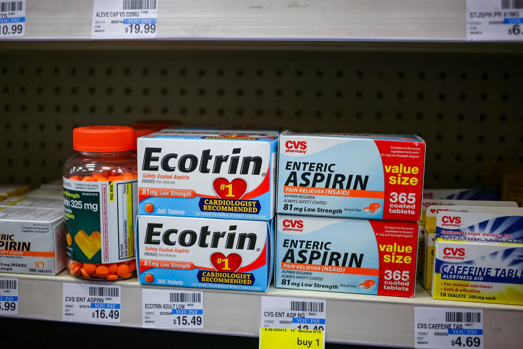 Boxes holding bottles with 81 mg aspirin tablets inside are seen on a store shelf in Miami on April 12, 2016. (Illustration by Joe Raedle/Getty Images)