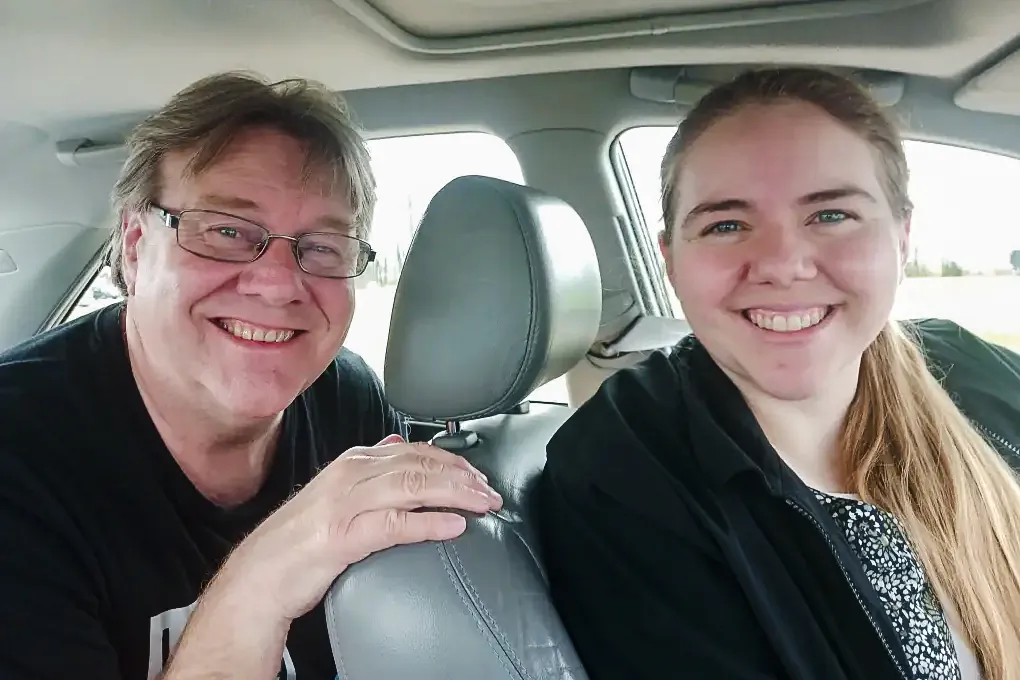 Calvin Zastrow and his daughter, Eva Zastrow, pause in Indiana while on a road trip from their home in Michigan to a federal court in Nashville on April 1, 2024. (Courtesy of Trish Zastrow)