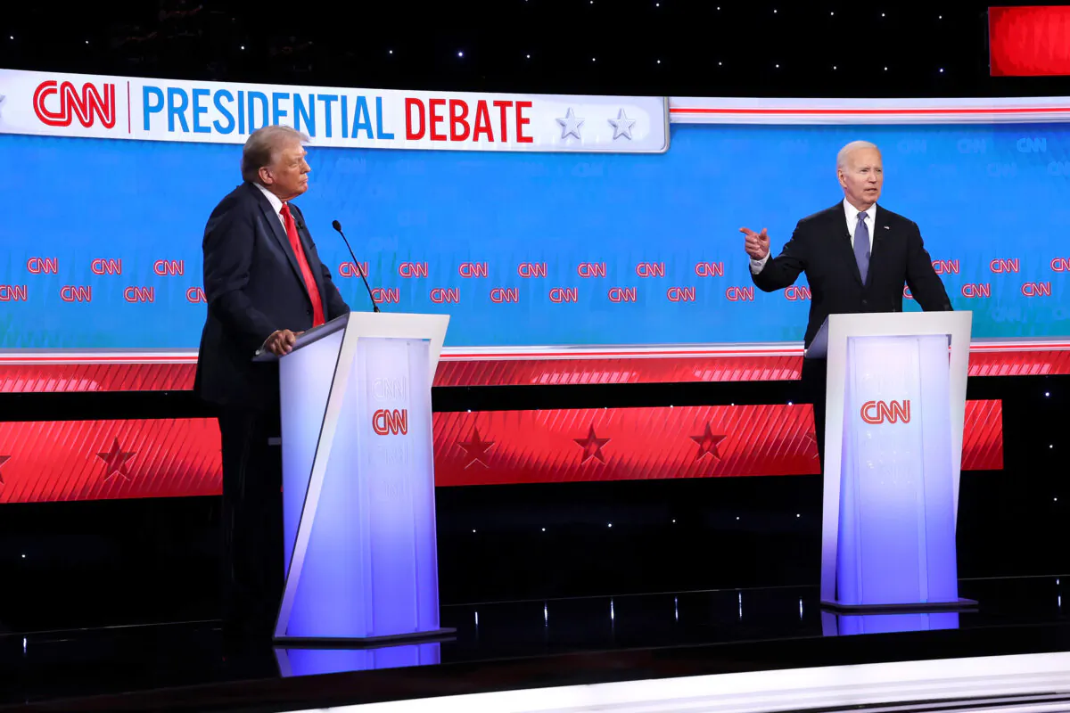 President Joe Biden (R) and Republican presidential candidate and former President Donald Trump participate in the CNN Presidential Debate at the CNN studios in Atlanta on June 27, 2024. (Justin Sullivan/Getty Images)