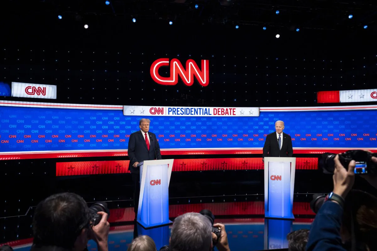 Former President Donald J. Trump and President Joe Biden during the presidential debate in Atlanta, Ga., on June 27, 2024. (Madalina Vasiliu/The Epoch Times)