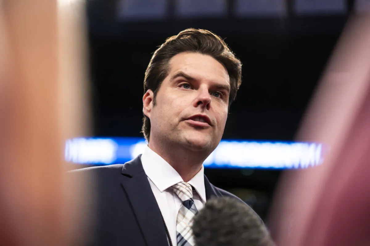Rep. Matt Gaetz (R-Fla.) speaks to members of the press in the spin room after President Joe Biden and former President Donald Trump's presidential debate in Atlanta, Ga., on June 27, 2024. (Madalina Vasiliu/The Epoch Times)