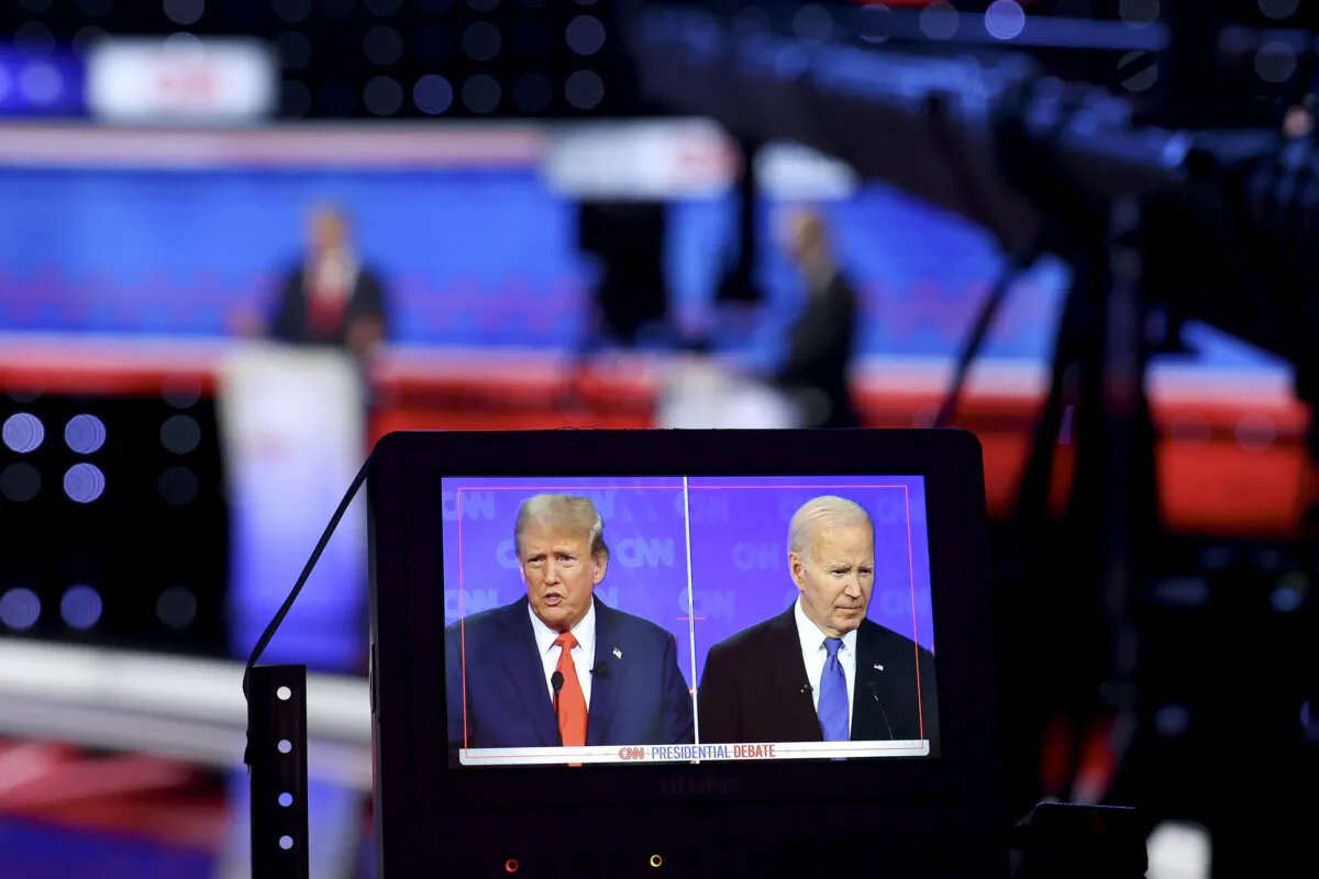 President Joe Biden and former President and Republican presidential candidate Donald Trump participate in the first presidential debate of the 2024 elections at CNN's studios in Atlanta, Ga., on June 27, 2024. (Andrew Caballero-Reynolds/AFP via Getty Images)
