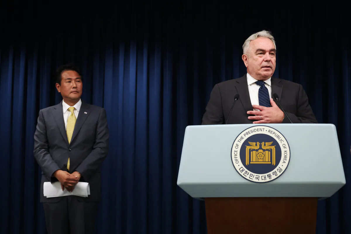 U.S. National Security Council Coordinator for Indo-Pacific Affairs Kurt Campbell (R) speaks as South Korea's Principal Deputy National Security Adviser Kim Tae-hyo looks on during a news conference at the South Korean Presidential Office in Seoul on July 18, 2023. (Kim Hong-ji/POOL/AFP via Getty Images)