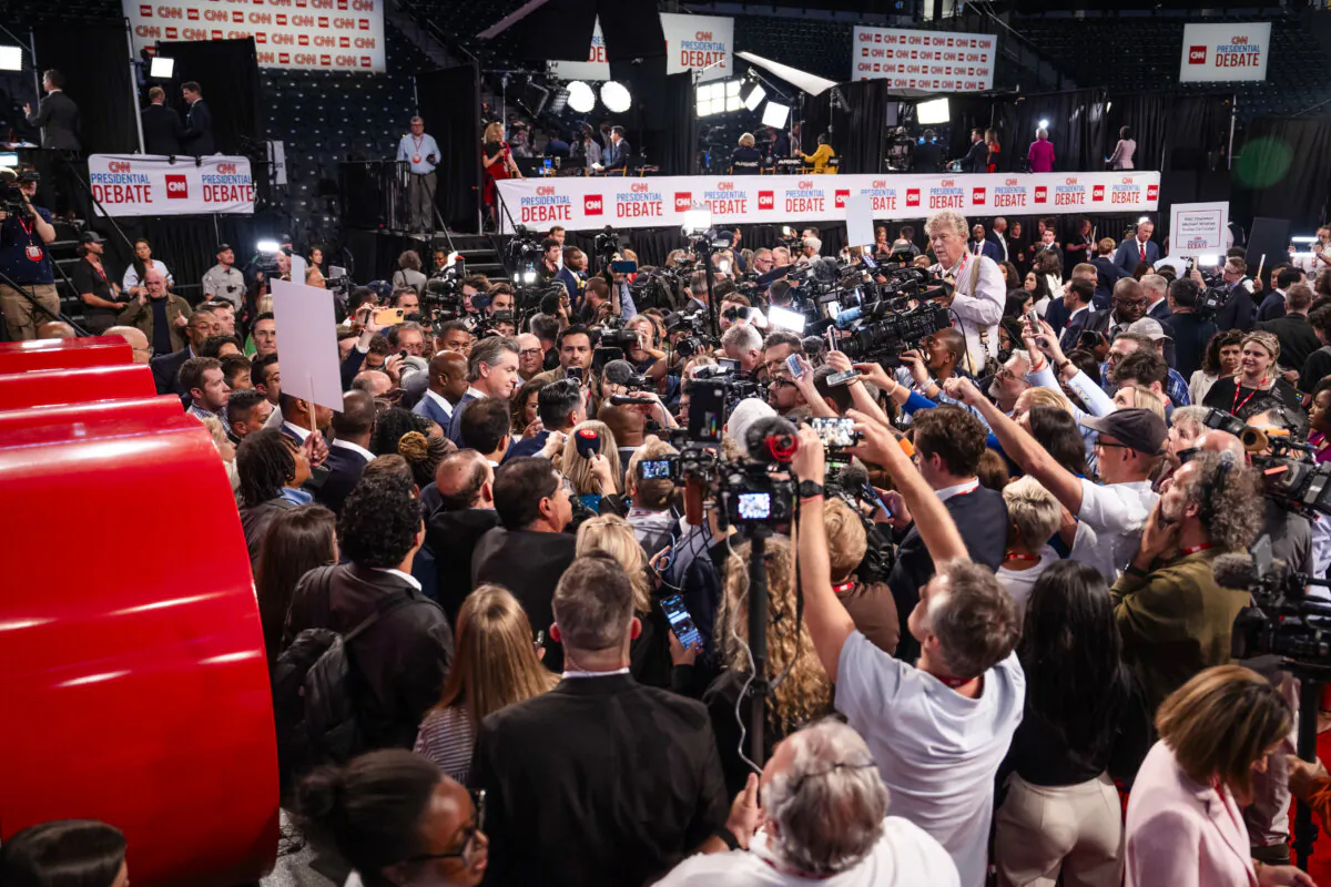 The spin room after former President Donald J. Trump and President Joe Biden’s presidential debate in Atlanta, Ga., on June 27, 2024. (Madalina Vasiliu/The Epoch Times)