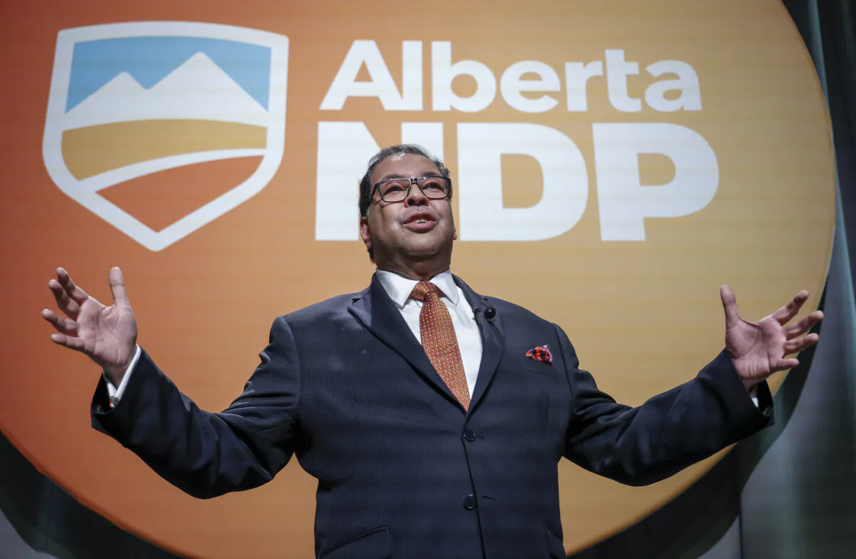 Alberta NDP Leader Naheed Nenshi speaks in Calgary on June 22, 2024. (The Canadian Press/Jeff McIntosh)
