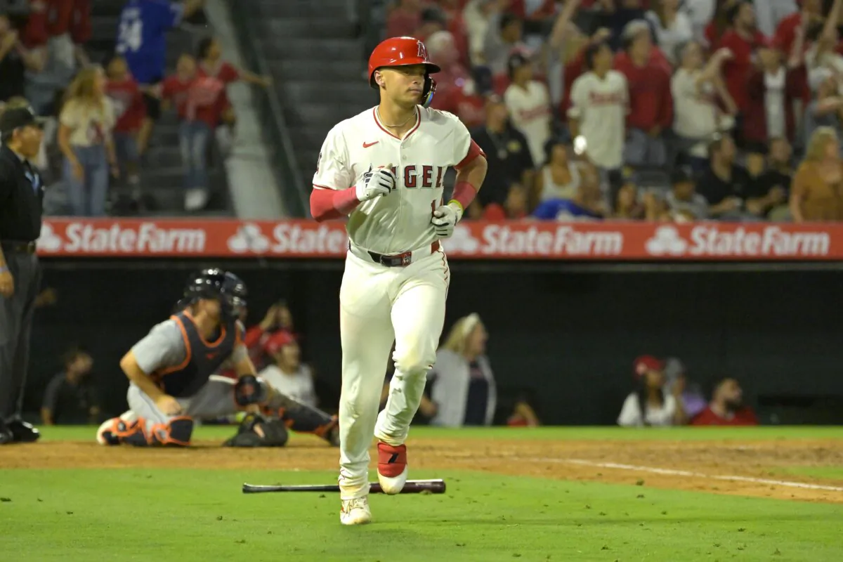Logan O'Hoppe (14) of the Los Angeles Angels rounds the bases on a three-run home run in the eighth inning against the Detroit Tigers in Anaheim, Calif., on June 28, 2024. (Jayne Kamin-Oncea/Getty Images)