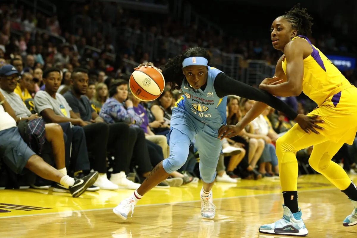 Guard Kahleah Copper (2) of the Chicago Sky drives around forward Nneka Ogwumike (30) of the Los Angeles Sparks during a game at Staples Center in Los Angeles on August 11, 2019. (Katharine Lotze/Getty Images)