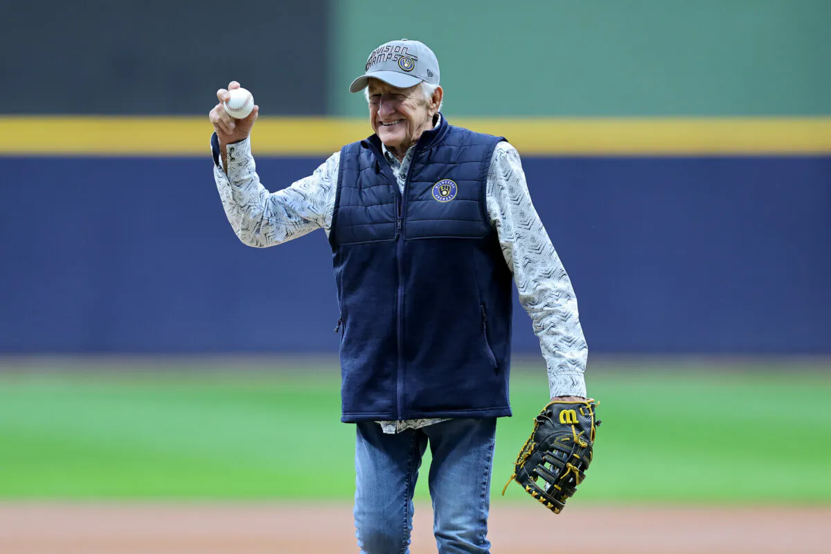 Milwaukee Brewers radio announcer Bob Uecker, who plays he team's announcer Harry Doyle in the movie Major League, throws a ceremonial first pitch before Game One of the Wild Card Series between the Arizona Diamondbacks and the Milwaukee Brewers at American Family Field in Milwaukee on Oct. 3, 2023. (Stacy Revere/Getty Images)