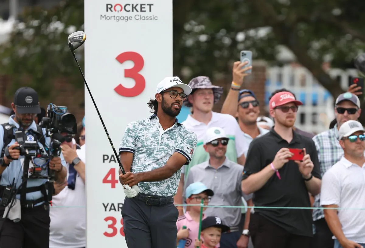Akshay Bhatia of the United States plays his shot from the third tee during the third round of the Rocket Mortgage Classic in Detroit on June 29, 2024. (Gregory Shamus/Getty Images)