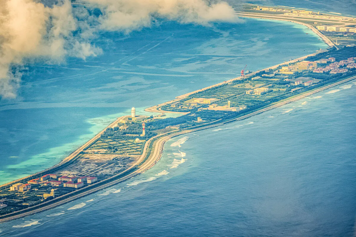 Buildings and structures are seen on the artificial island built by China in Mischief Reef, Spratly Islands, in the South China Sea, on Oct. 25, 2022. (Ezra Acayan/Getty Images)