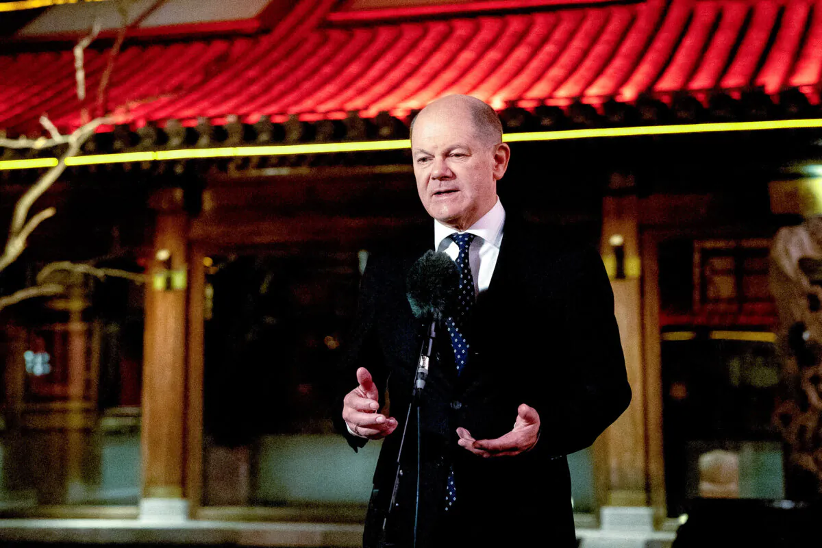 German Chancellor Olaf Scholz speaks during a press conference in Beijing on April 16, 2024. (Andres Martinez Casares/Pool/AFP via Getty Images)