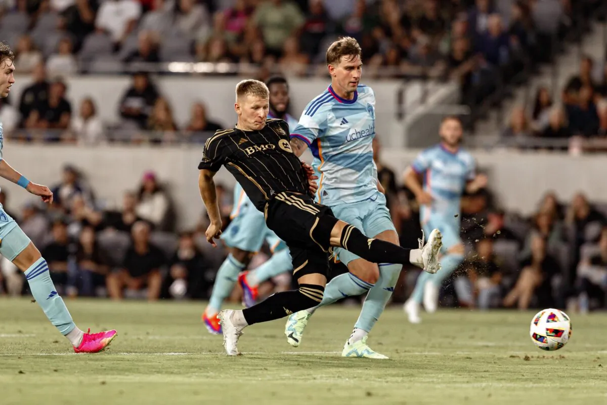 Mateusz Bogusz (C) takes a shot in a match against the Colorado Rapids in Los Angeles on June 29, 24. (Courtesy of Los Angeles FC via The Epoch Times)