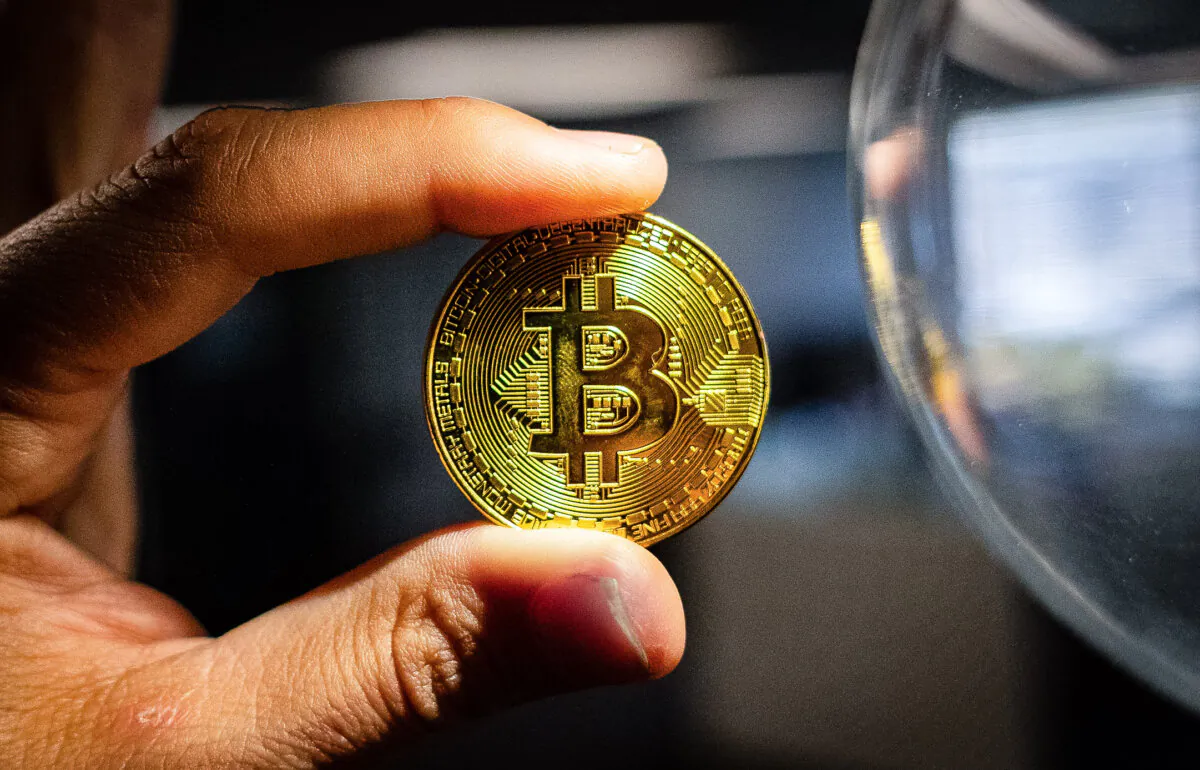 A mock-up of a physical Bitcoin on Jan. 12, 2022. (John Fredricks/The Epoch Times)