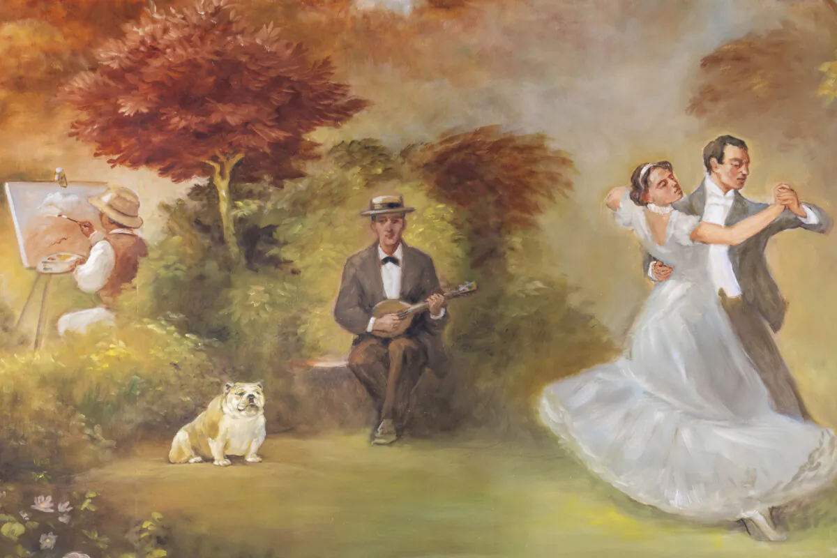 West Virginia Gov. Jim Justice's English Bulldog, Babydog, depicted in this zoomed-in shot of a new mural unveiled at the West Virginia Capitol in Charleston, W.Va., on June 20, 2024. (Perry Bennett/West Virginia Legislature via AP)