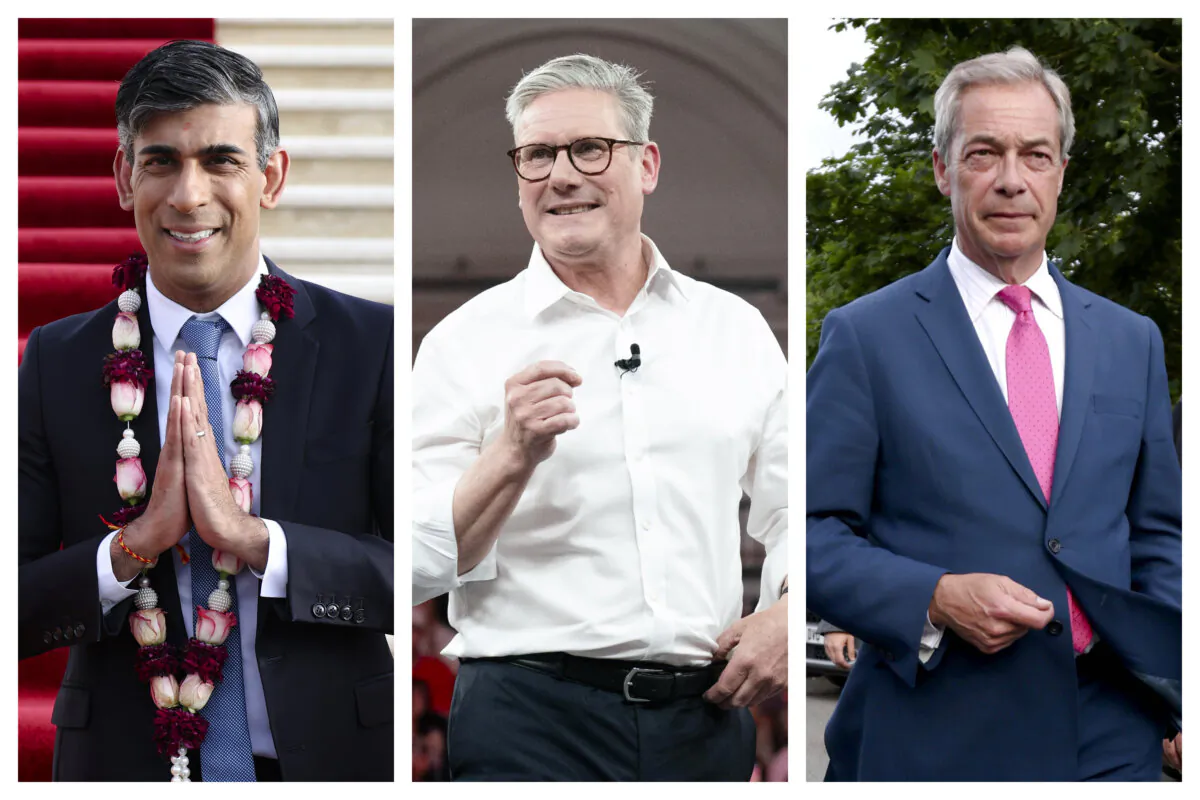 Photos of Prime Minister Rishi Sunak (L), Labour leader Sir Keir Starmer (C), and Reform UK Leader Nigel Farage.
(Dan Kitwood/Stefan Rousseau/Paul Marriot/PA Wire)