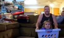 Dad Takes Toddler Daughter for Pretend Rollercoaster Ride in Laundry Basket