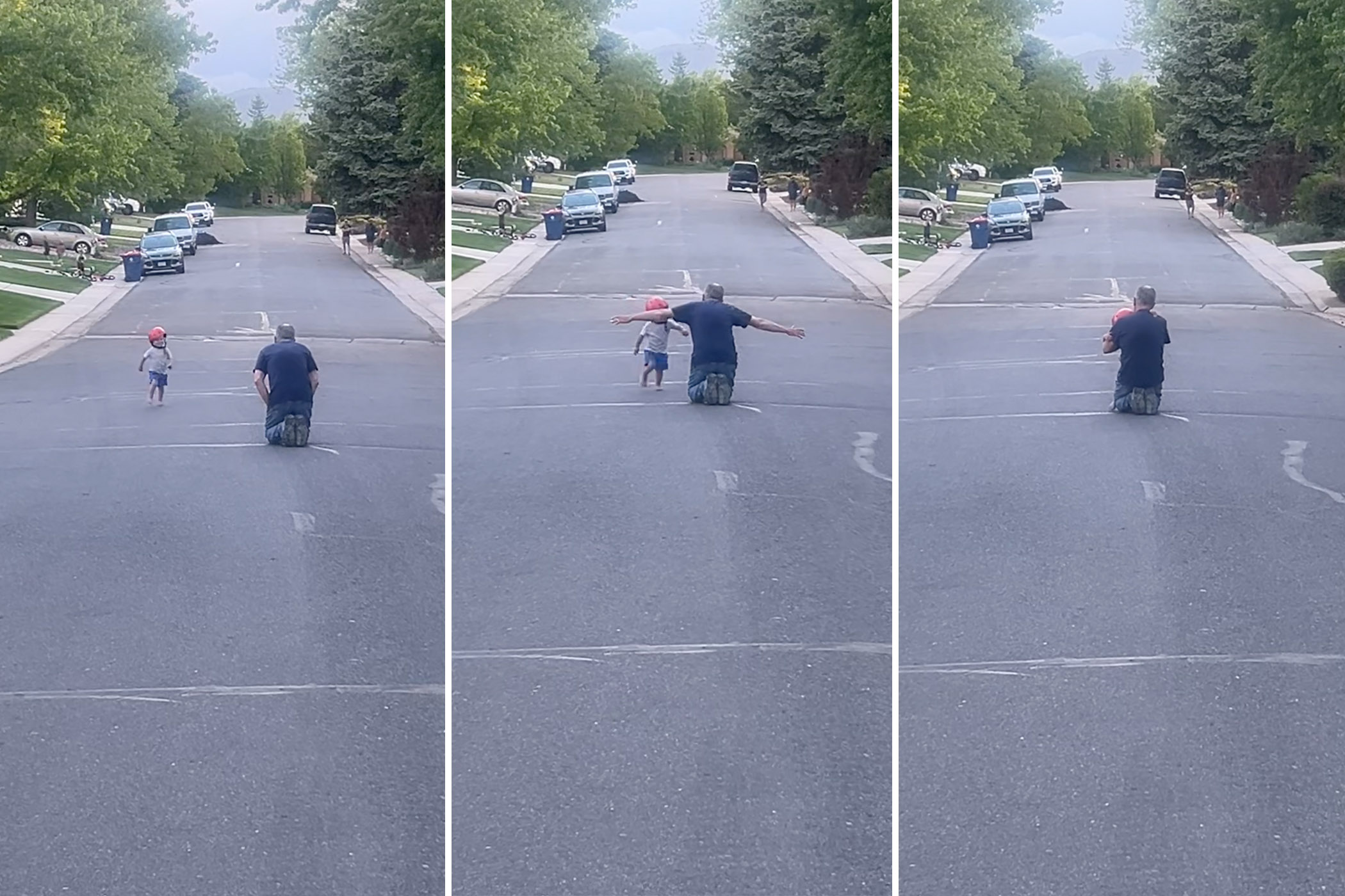 Walker ran excitedly towards his grandpa.