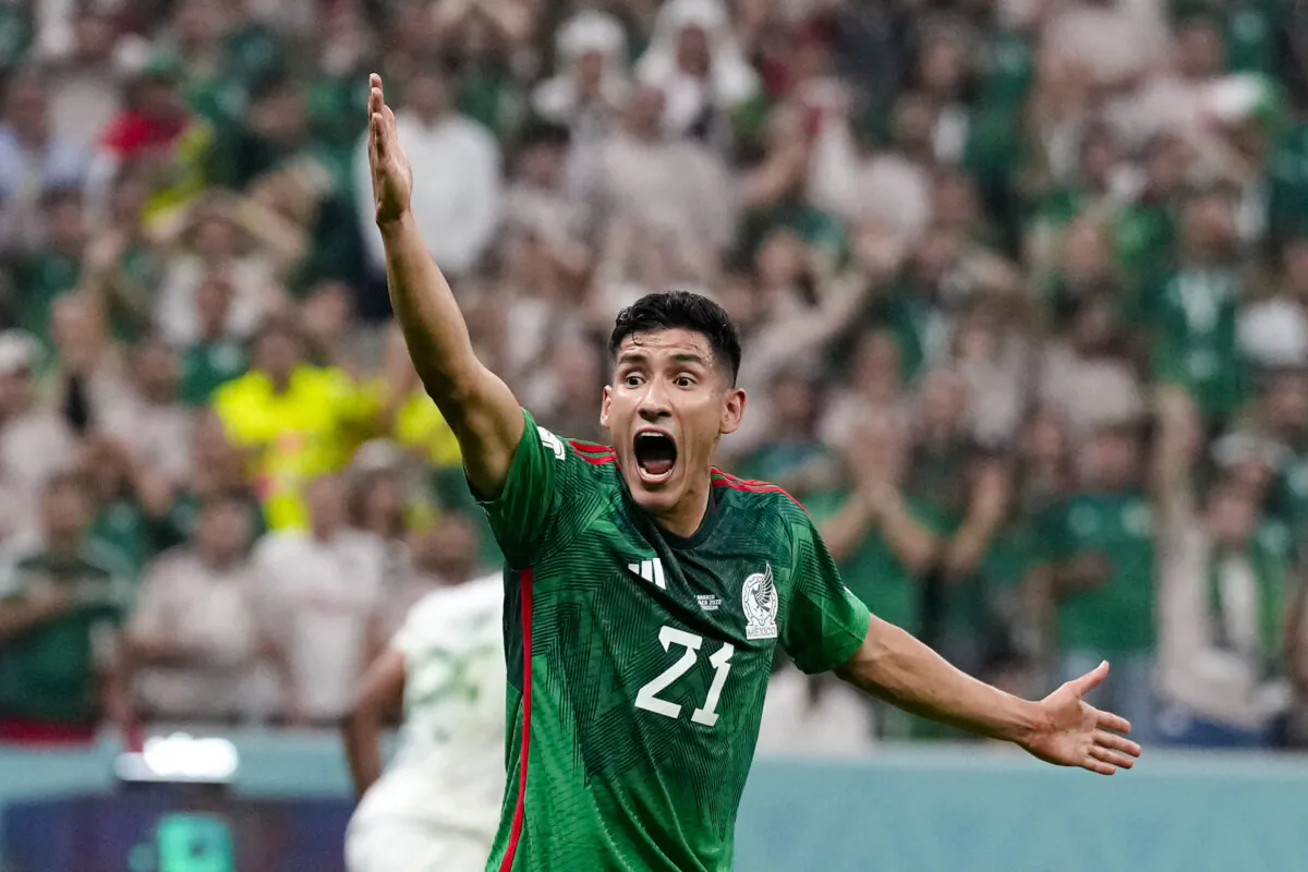 Mexico's Uriel Antuna gestures during the World Cup group C soccer match between Saudi Arabia and Mexico, at the Lusail Stadium in Lusail, Qatar, on Nov. 30, 2022. (Ricardo Mazalan/AP Photo)