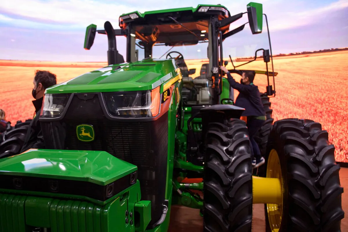 The Deer & Co. John Deere 8R fully autonomous tractor is displayed ahead of the Consumer Electronics Show (CES) in Las Vegas, Nev., on Jan. 4, 2022. (Patrick T. FallonAFP via Getty Images)