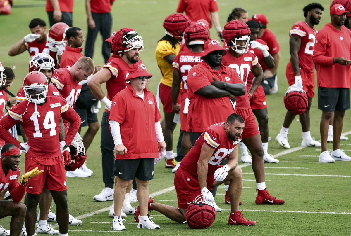 Tight end Travis Kelce #87 of the Kansas City Chiefs watches during Kansas City Chiefs Training Camp on July 25, 2023 in St Joseph, Missouri. (Jamie Squire/Getty Images)