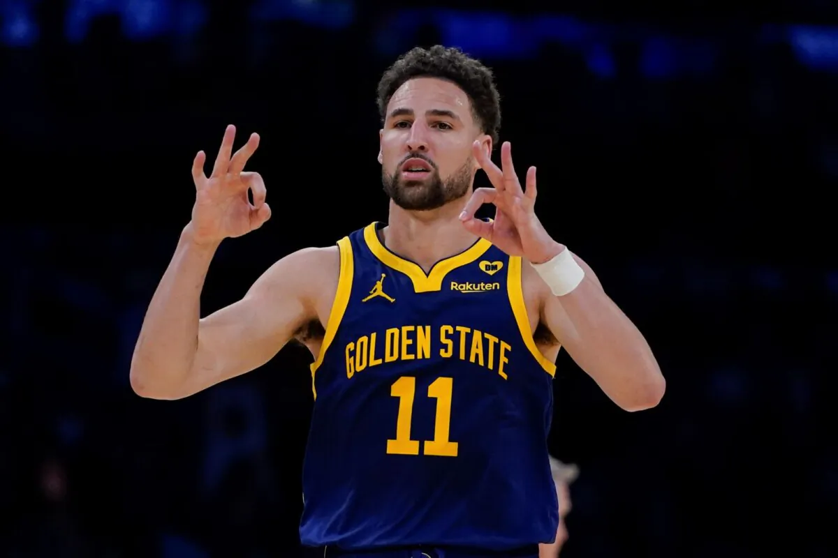 Golden State Warriors guard Klay Thompson gestures after making a 3-point basket against the Los Angeles Lakers in Los Angeles on April 9, 2024. (Ryan Sun/AP Photo)