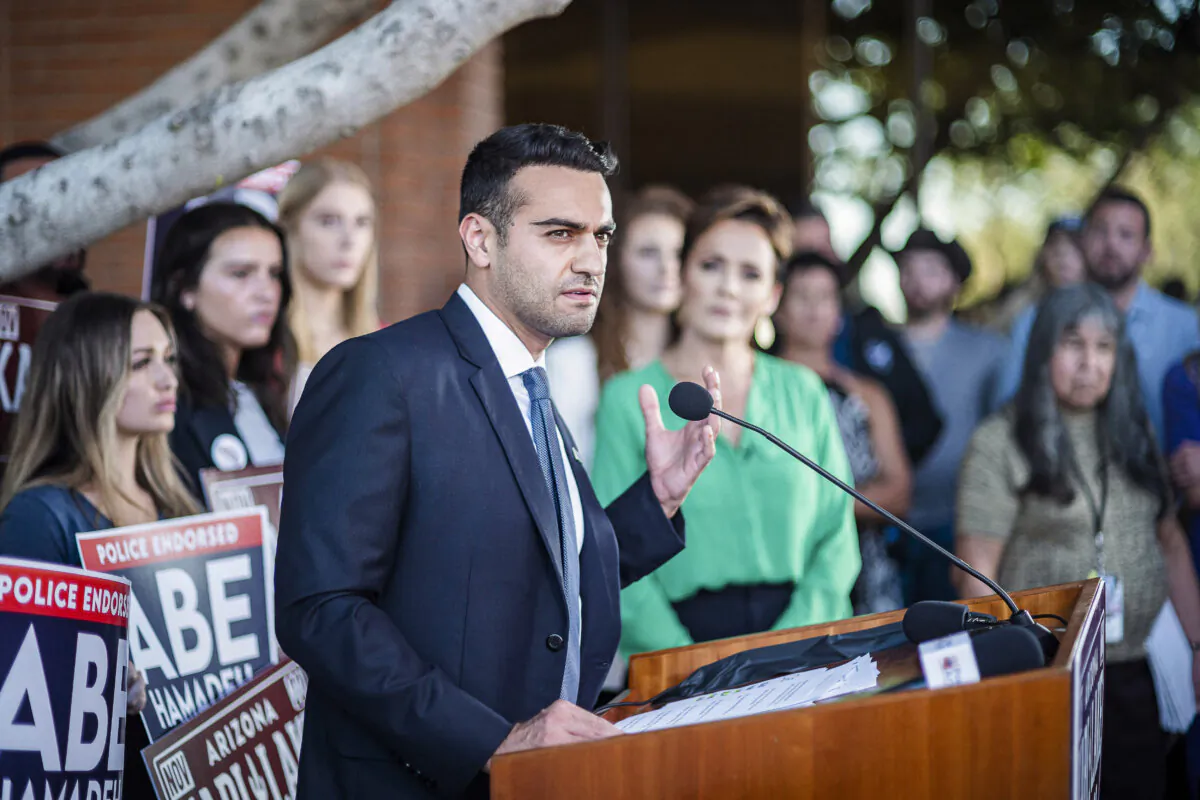 Republican candidate for state attorney general, Abraham Hamadeh, speaks to the press in Phoenix on Oct. 27, 2022. (Olivier Touron/AFP via Getty Images)