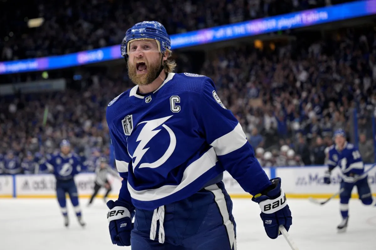 Steven Stamkos of the Tampa Bay Lightning reacts after scoring a goal during Game 6 of the Stanley Cup Final against the Colorado Avalanche in Tampa, Fla., on June 26, 2022. (Phelan Ebenhack/AP Photo)