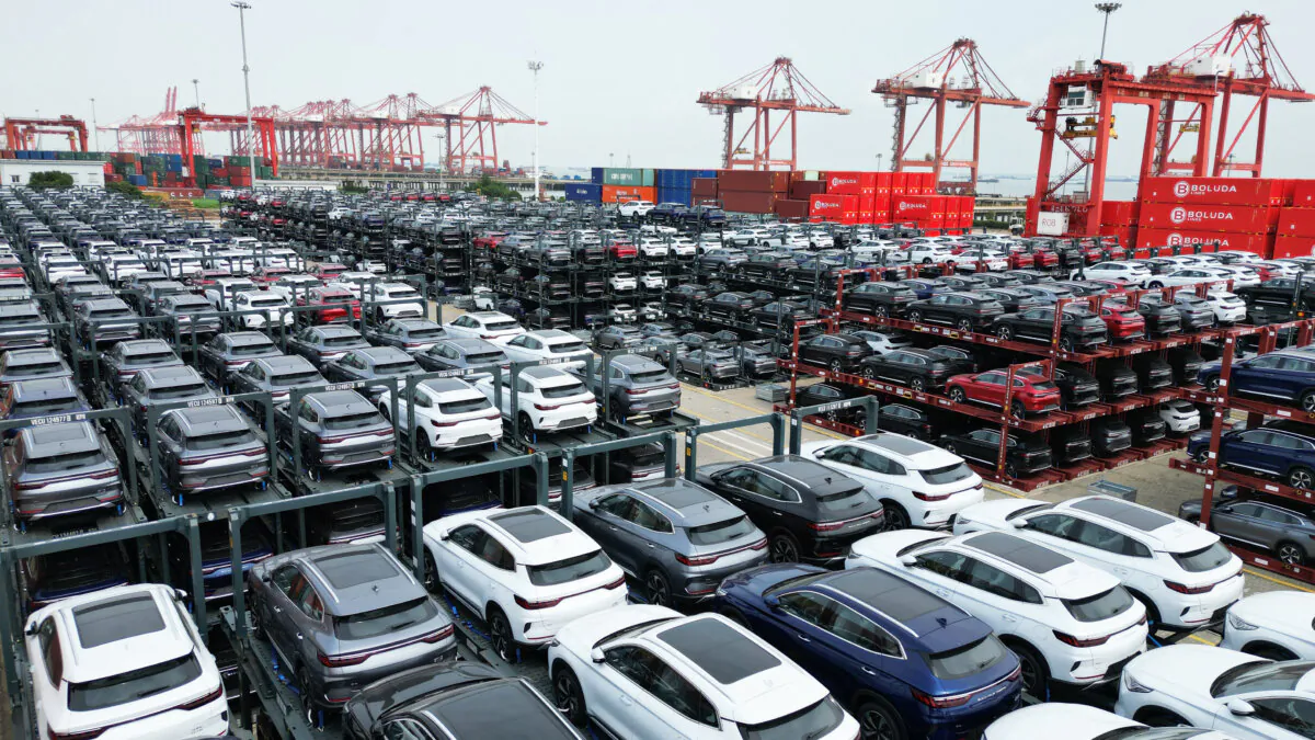 BYD electric cars waiting to be loaded on a ship are stacked at the international container terminal of Taicang Port at Suzhou Port, in China's eastern Jiangsu Province, on Sept. 11, 2023. (AFP via Getty Images)