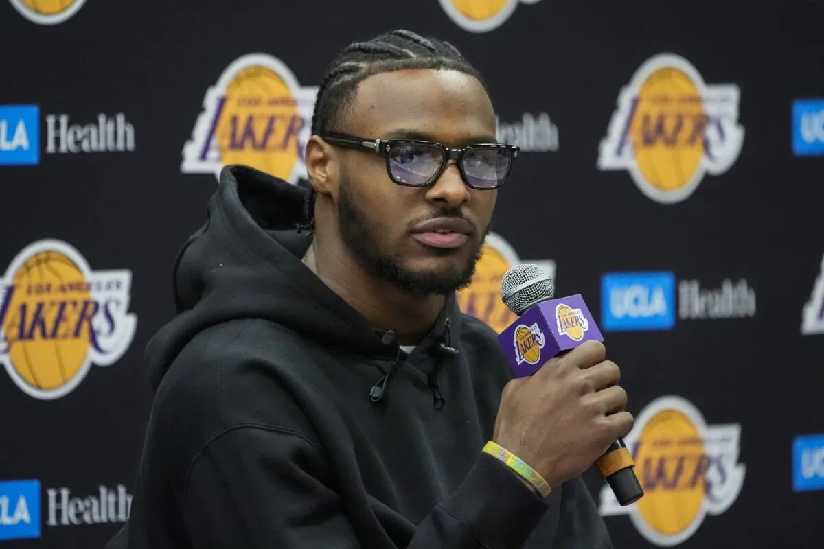 Los Angeles Lakers draft pick Bronny James speaks during a team news conference in El Segundo, Calif., on July 2, 2024. (Damian Dovarganes/AP Photo)