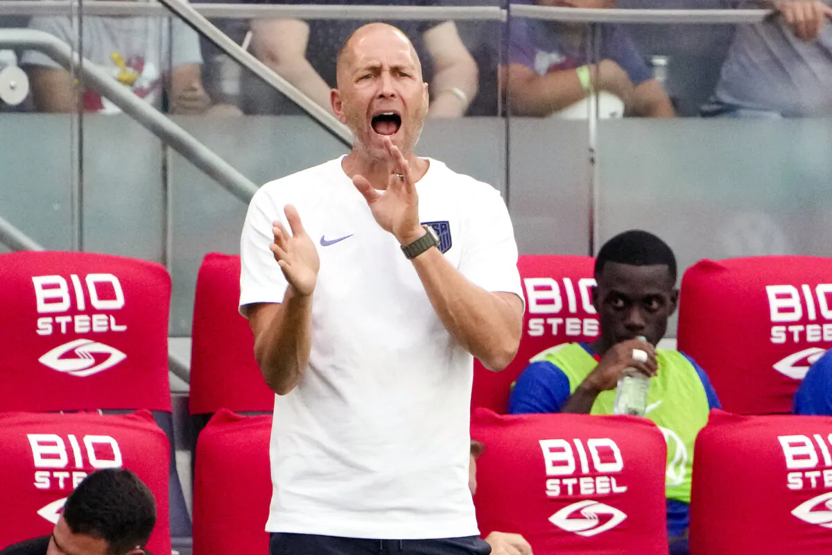 United States head coach Gregg Berhalter yells from the sideline during the second half of an international friendly soccer match against Uzbekistan in St. Louis on Sept. 9, 2023. (Jeff Roberson/AP Photo)