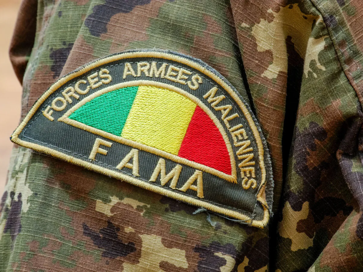 Detail of the badge of a member of the Malian Army (Fama), in Anderamboukane, in Menaka region, on March 22, 2019. (Agnes Coudurier/AFP via Getty Images)