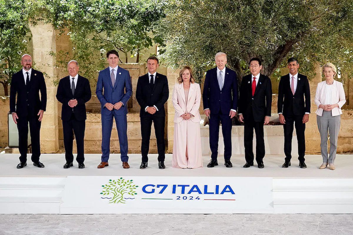 (L-R) European Council President Charles Michel, German Chancellor Olaf Scholz, Canadian Prime Minister Justin Trudeau, French President Emmanuel Macron, Italian Prime Minister Giorgia Meloni, U.S. President Joe Biden, Japanese Prime Minister Fumio Kishida, British Prime Minister Rishi Sunak and European Commission President Ursula von der Leyen pose for a family photo during a welcome ceremony on day one of the 50th G7 summit at Borgo Egnazia, Fasan, Italy, on June 13, 2024. (Christopher Furlong/Getty Images)
