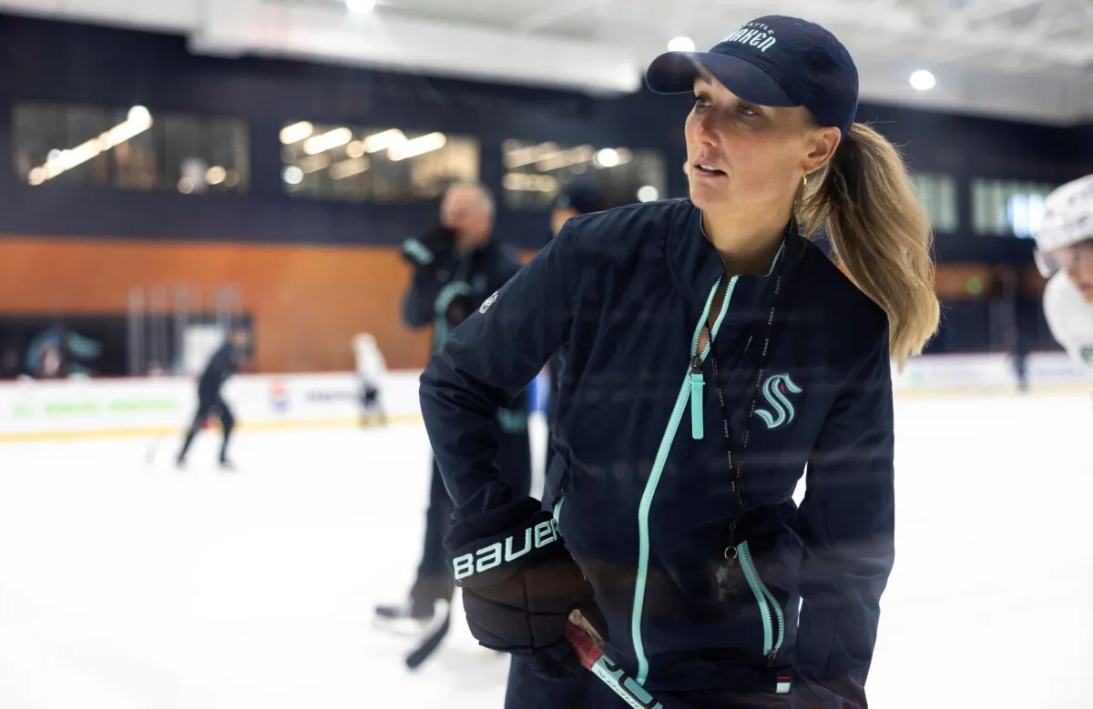 Newly named Seattle Kraken assistant coach Jessica Campbell runs a drill during a rookie-development camp in Seattle on July 2, 2024. (Nick Wagner/The Seattle Times via AP)