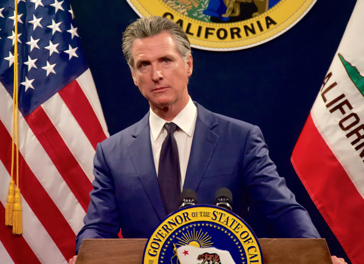 Gov. Newsom speaks at a press conference at the Capitol in Sacramento, Calif., on May 10, 2024. (Travis Gillmore/The Epoch Times)