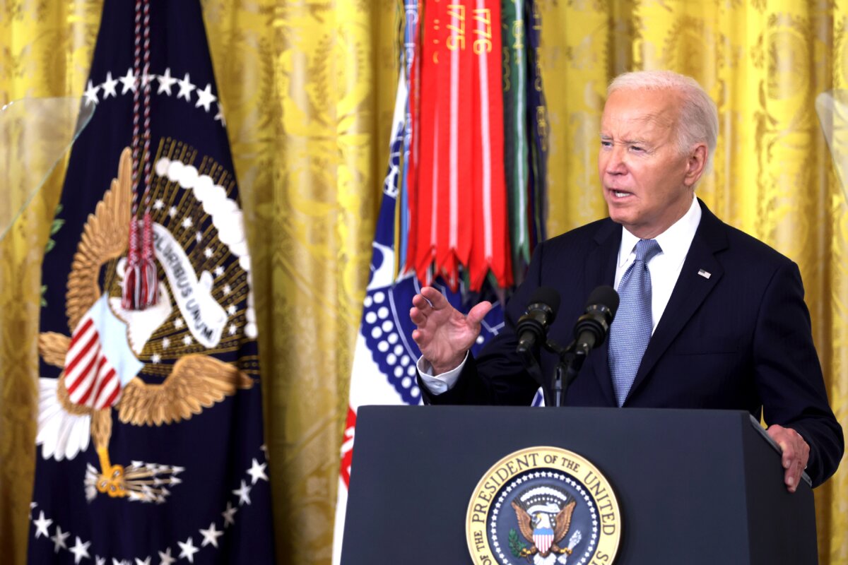 President Joe Biden speaks during a Medal of Honor ceremony in the East Room of the White House on July 03, 2024. (Alex Wong/Getty Images)