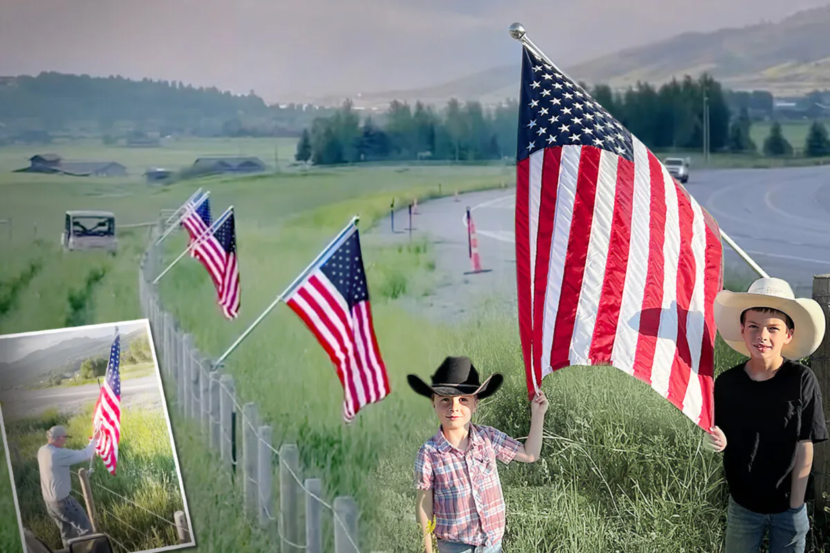 The Rhodes family putting up dozens of flags on July 2 for the Fourth of July. (Illustration by The Epoch Times, Courtesy of Salt River Ranch)