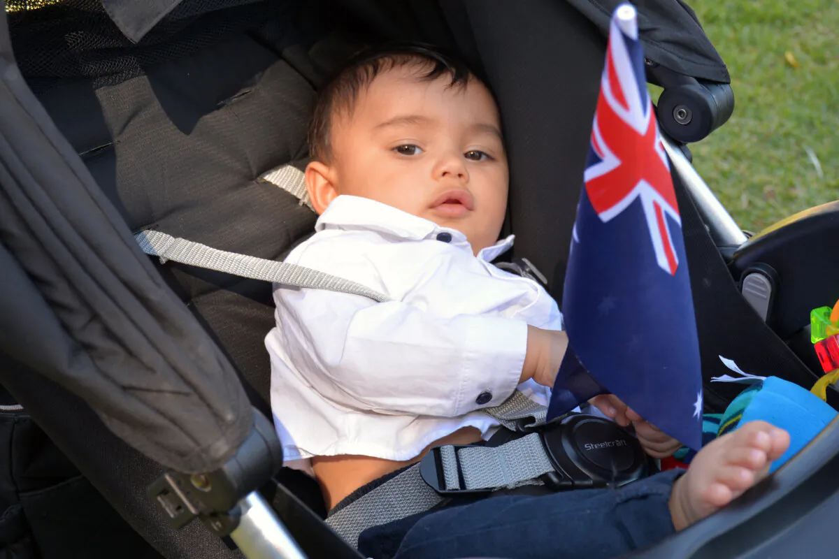 Baby Agam Benipal, whose parents Preet and Harman moved to Perth from India, is seen during an Australia Day citizenship ceremony in the city of Waneroo, in Perth's north, on Jan. 26, 2017. (AAP Image/Rebecca Le May) 