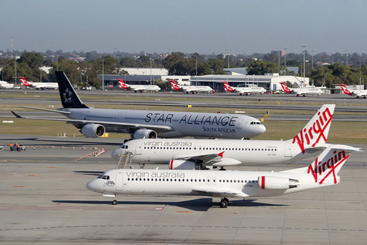 Virgin Airways aircraft at Perth International Airport in Perth, Australia on April 29, 2020. (AAP Image/Richard Wainwright)