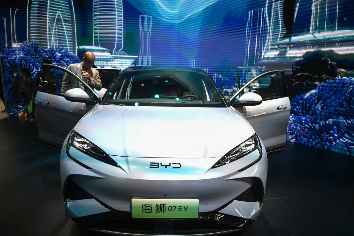 A BYD 07 EV model electric car is displayed at the Beijing Auto Show in China on April 25, 2024. (Pedro Pardo/AFP via Getty Images)